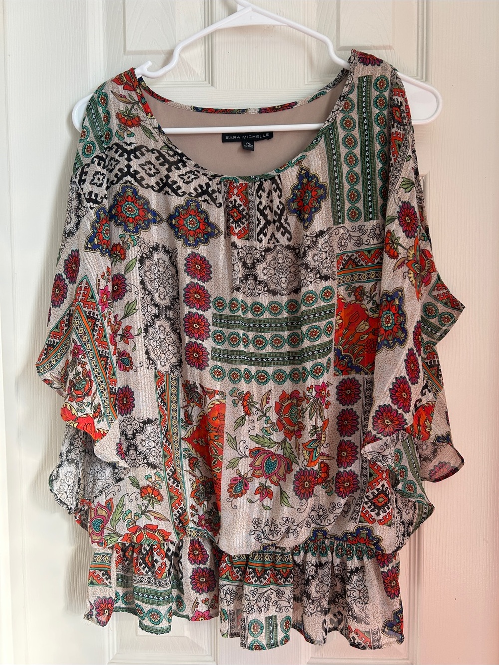 ⚜️ Sara Michelle Cold Shoulder Boho Floral Patchwork Ruffle-Sleeve Blouse